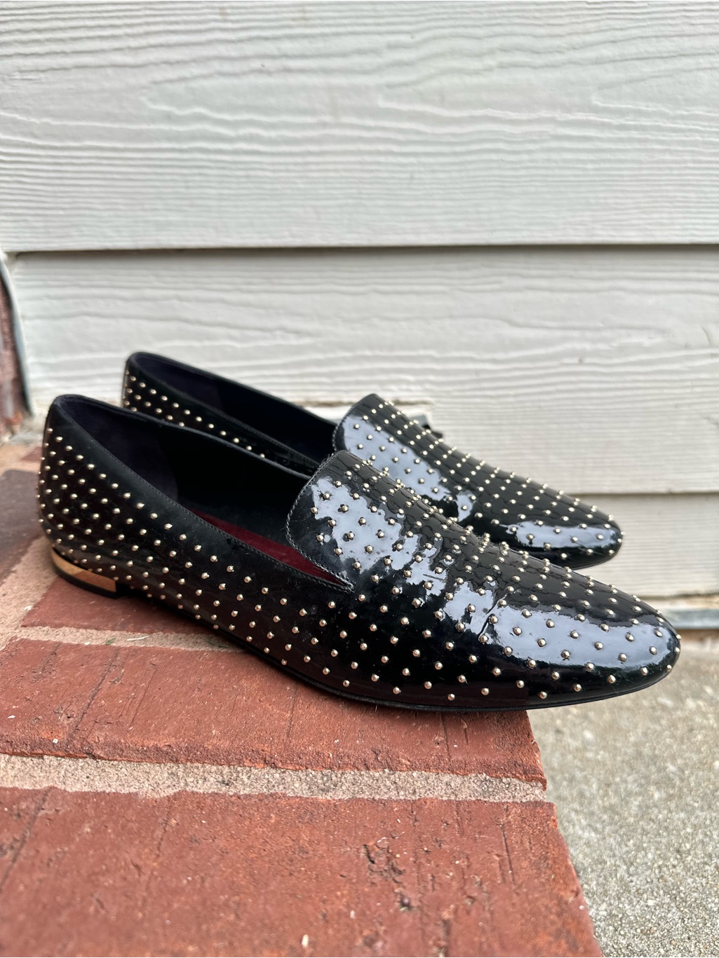 Authentic Burberry Black Patent Leather Gold Studded Loafers Sz 39 1/2